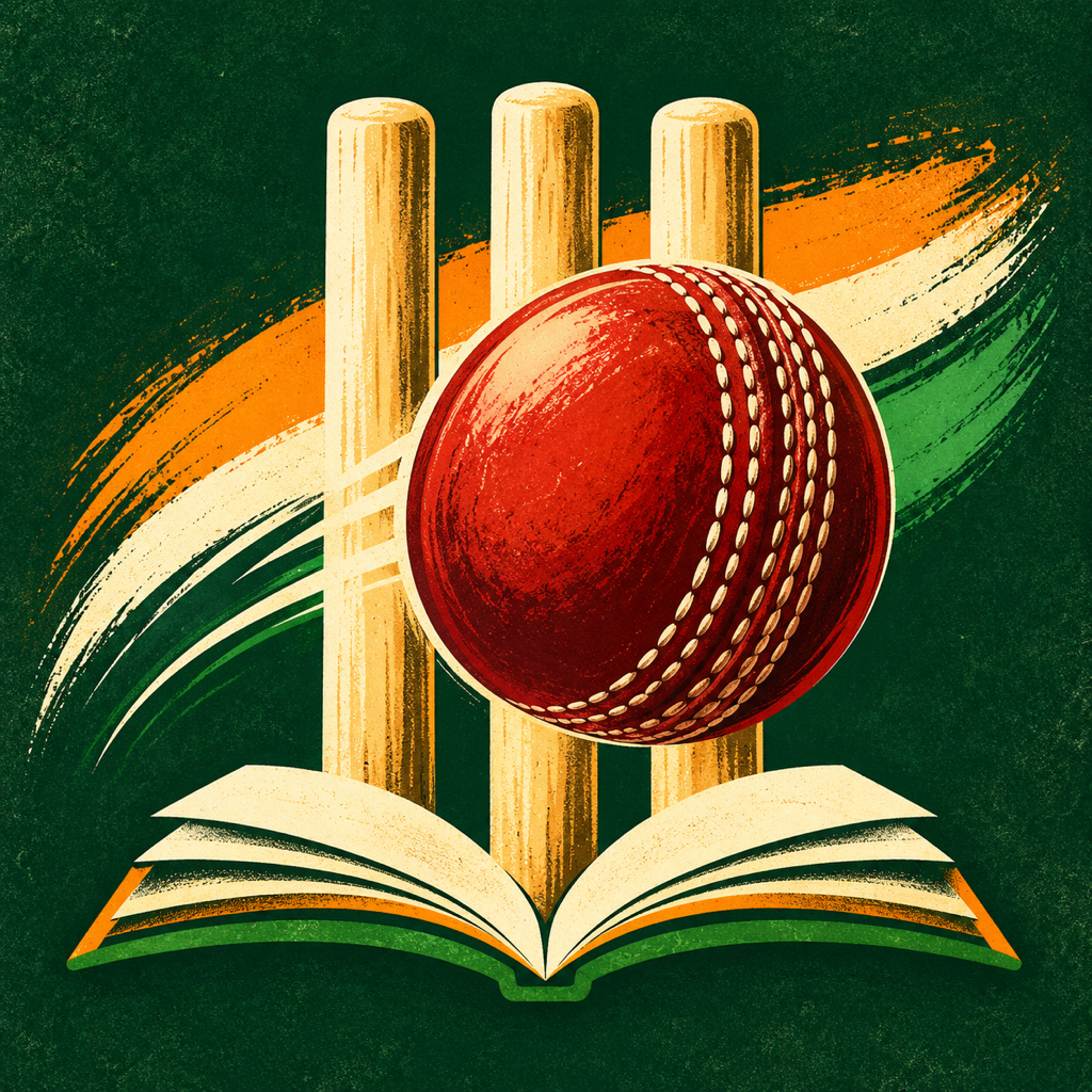 Book Cricket: red cricket ball, stumps and an open book in an India-inspired palette
