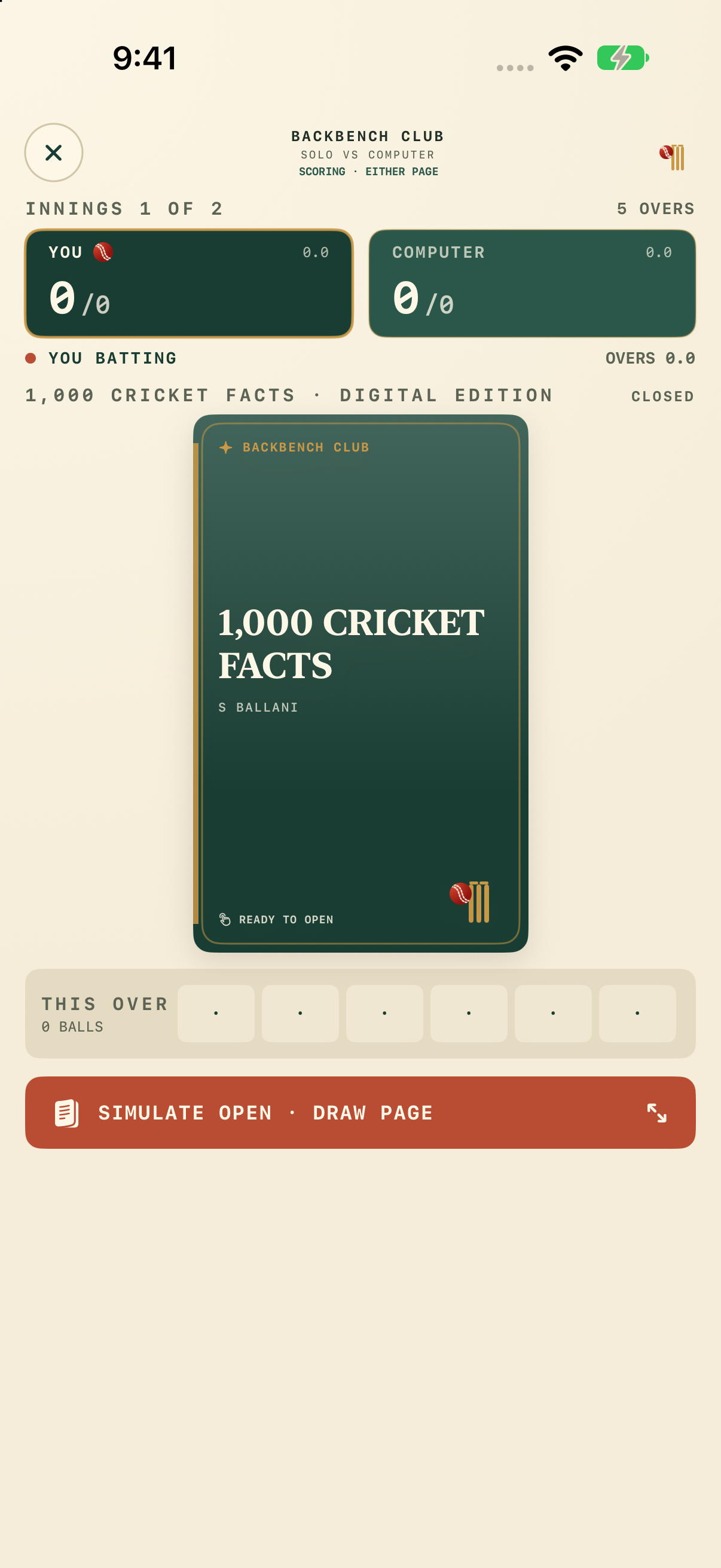 Book Cricket closed cover and simulated fold control on a traditional iPhone