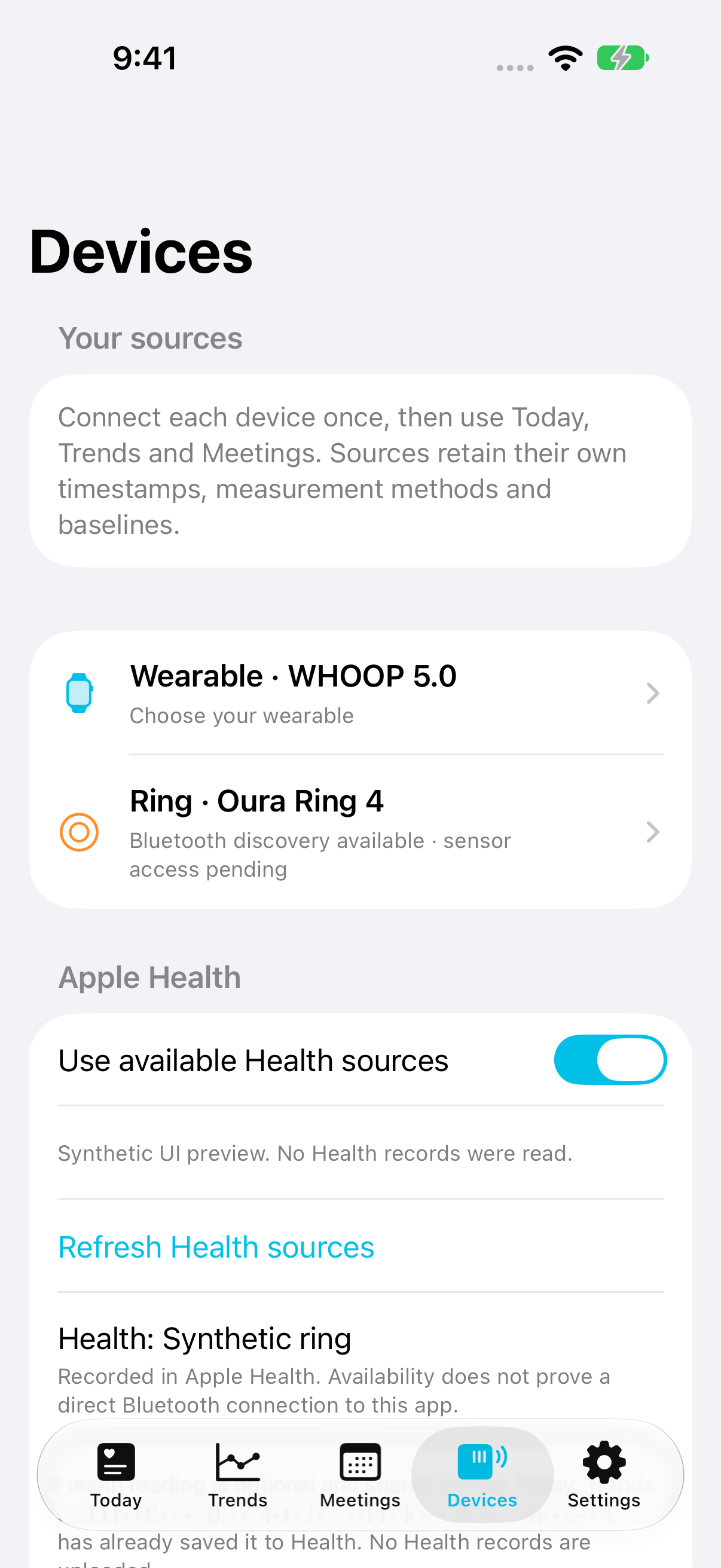 Human Signals Devices tab listing a wearable, ring inspection and a synthetic Health source