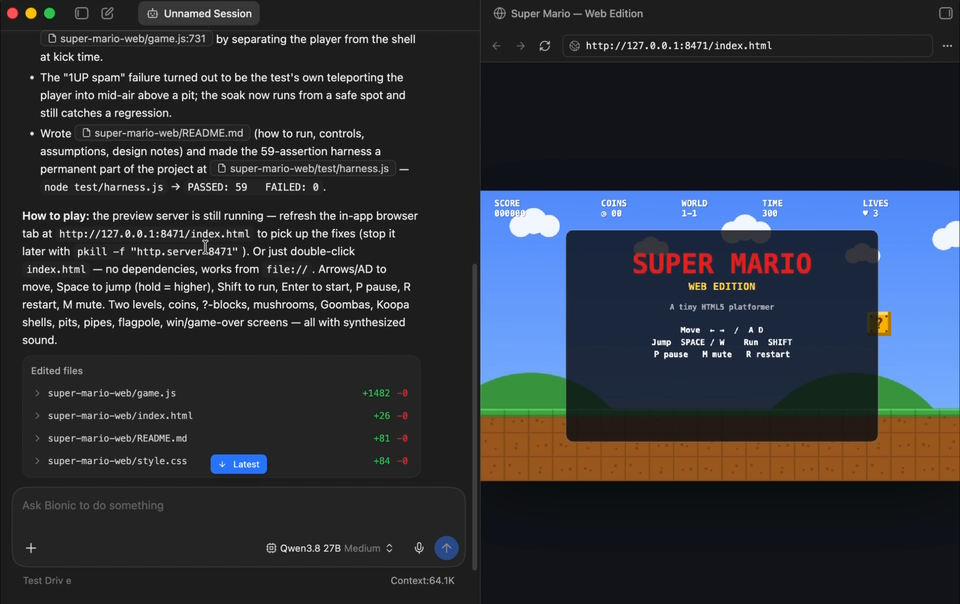 Super Mario-style browser game created during a local AI evaluation