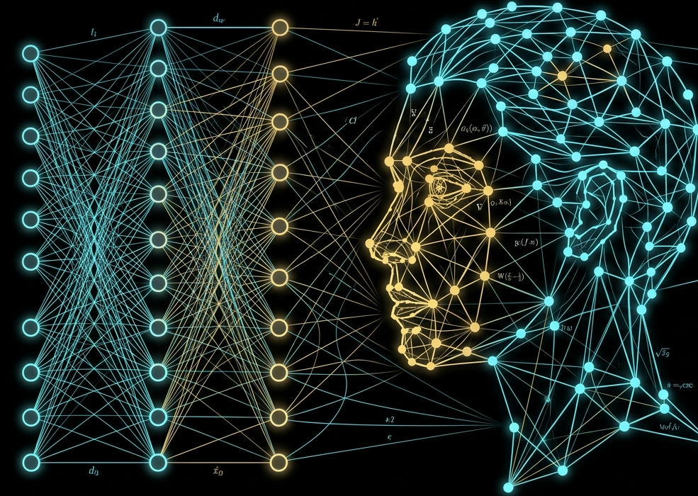 Neural network diagram connecting a human face to machine-learning layers